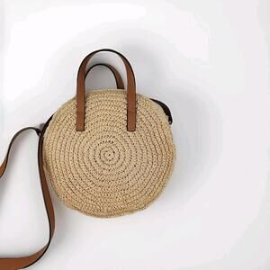 H & M Light Woven Ratan Straw  Round Crossbody Handbag Top Handle Bohemian Hippy